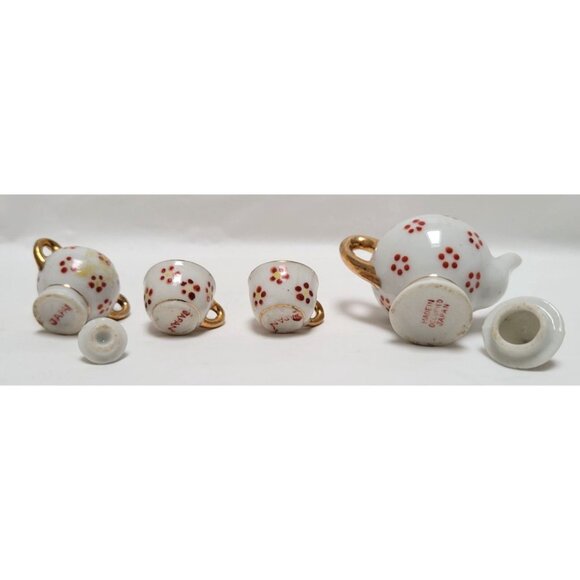 Vintage 8 Piece Miniature Maruyama Hand Painted Porcelain Tea Set Red Flowers - Picture 7 of 9